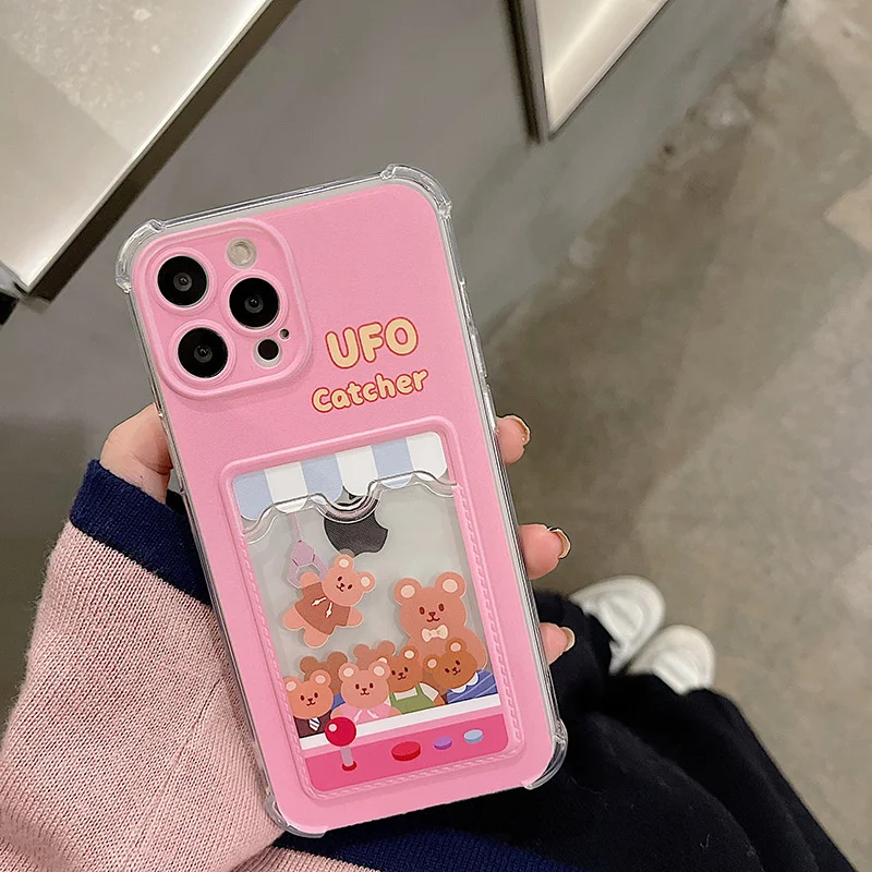 

Cartoon Happy Bear Family Doll Machine Put Cards Silicone Anti-fall For iphone 11 12 13 Pro Max XR Xs Max 7 8 Plus Phone Case