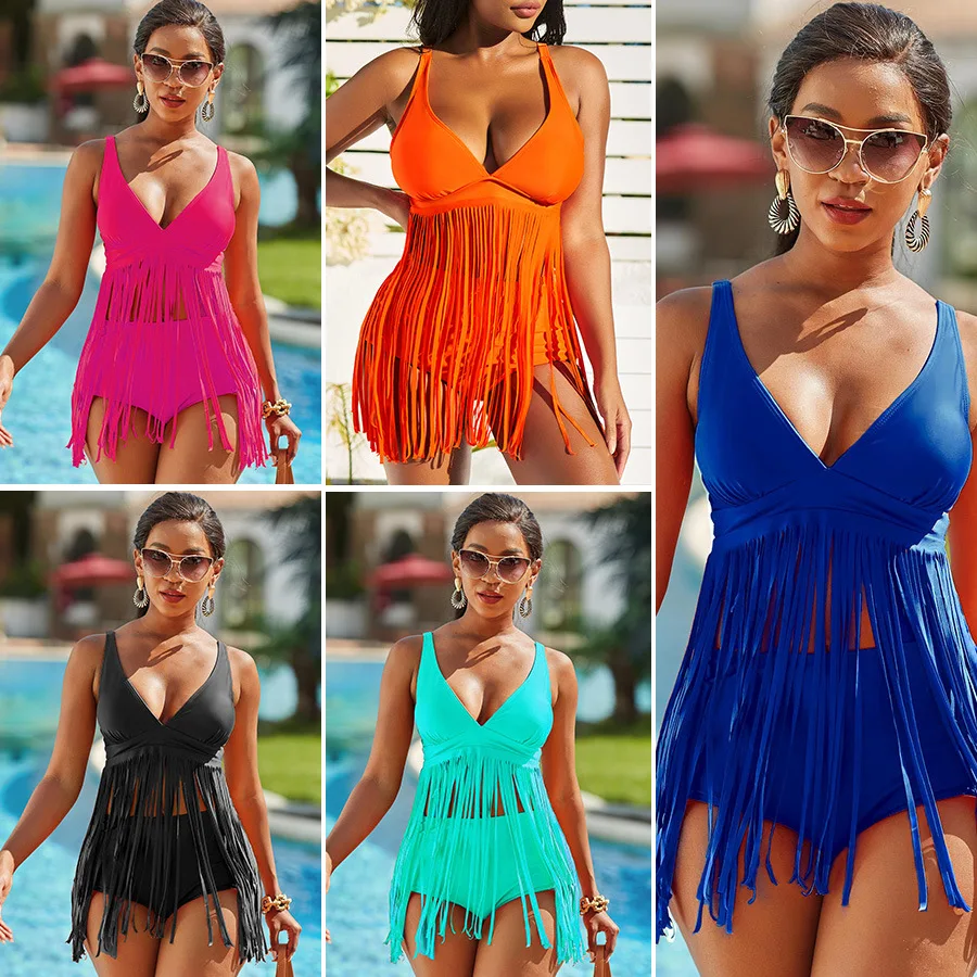 

2022 Spring and Summer New Swimming Two-piece Sexy Split Monochrome Fringed Swimwear Bikini Set