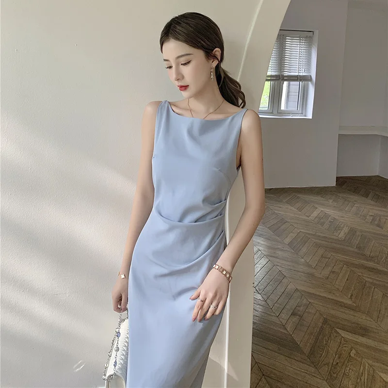 

Bohemian Women's Resort Long Dress Summer Skinny Solid Sexy Sleeveless Camisole Square Collar Female Clothing