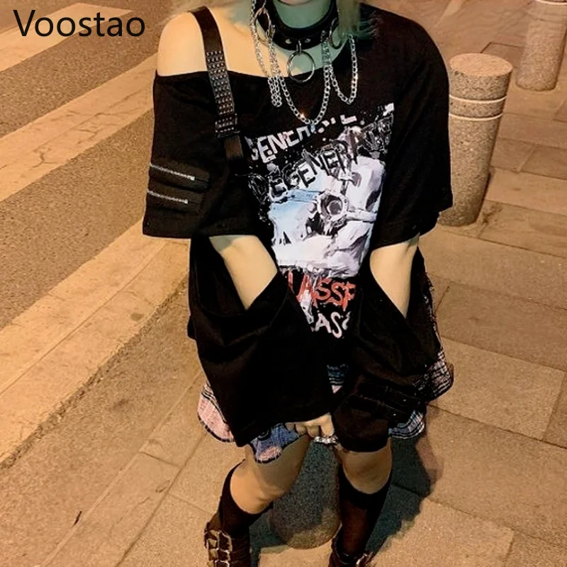 

Y2k T-shirt Women Harajuku Black Vintage Tops Skull Print Off Shoulder Belted Tee Shirt Summer 2022 Japan Streetwear Punk Tees