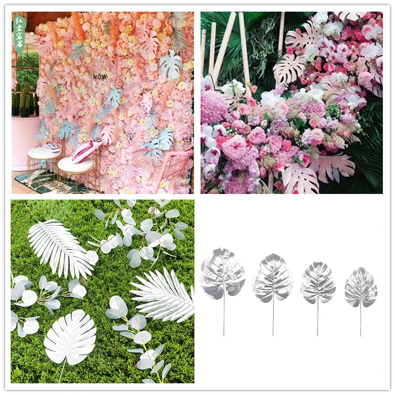 

LuanQI 5Pcs Artificial Silver Tortoise leaf Tropical Palm Leaves Silk Plant For Wedding Birthday Party Home Decor Palm Leaves