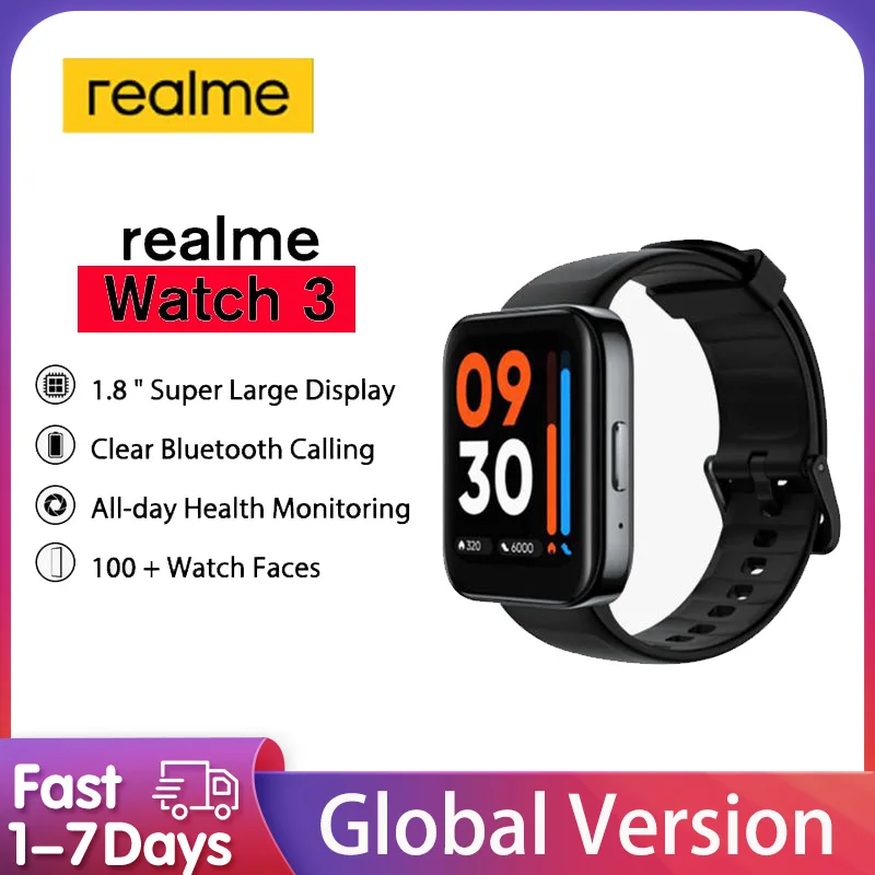 

Умные часы глобальная версия Realme 3 с большим экраном 1,8 дюйма, Смарт-часы с измерением пульса и уровня кислорода в крови, с функцией записи звонков и спорта