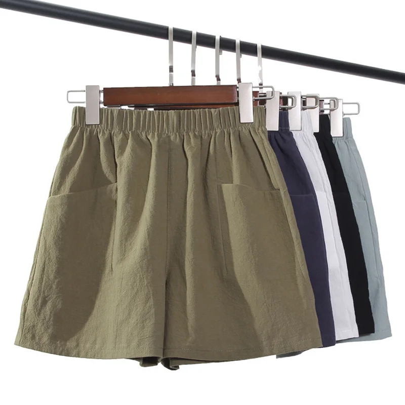 New Cotton Linen Shorts Women's High-waisted Short Pants Loose Elastic Waist Summer Large Size Casual Wide-leg pants Solid Color