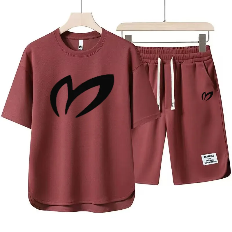 Summer New Men's Two Piece T-shirt+Shorts Sportswear Fashion Print Loose Harajuku Style Street Apparel Casual Golf Set