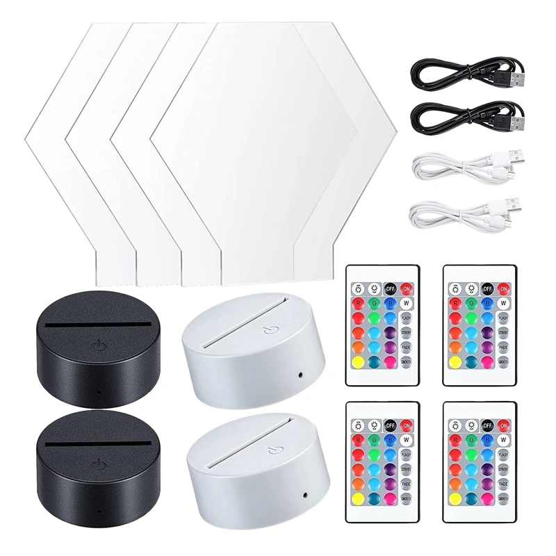 

4 Pack 3D Night LED Light Lamp Base Kit Adjustable 16 Colors 4 Modes for Child Room Bar Hexagon Style