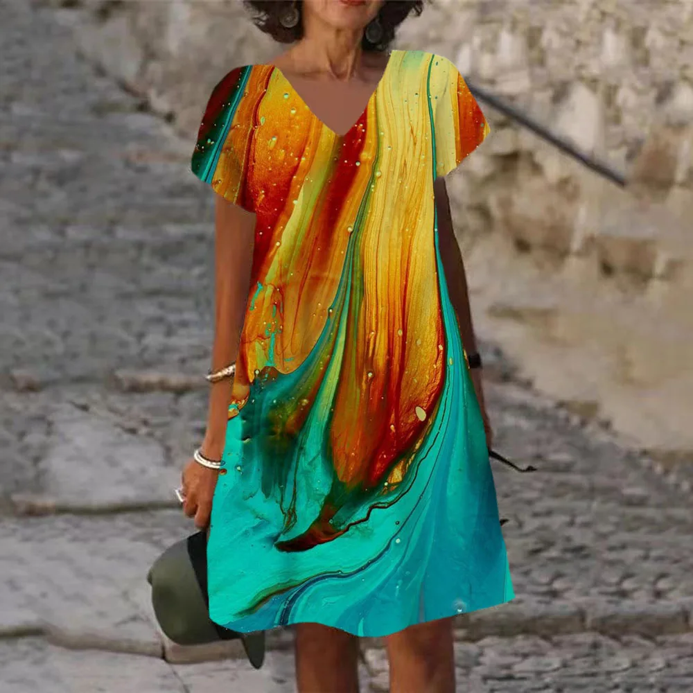 

color tie dyeing Women Dresses Summer Beach Dress 3D Abstract art Short sleeve Boho Vintage Beachwear Girls Fashion Party Dress