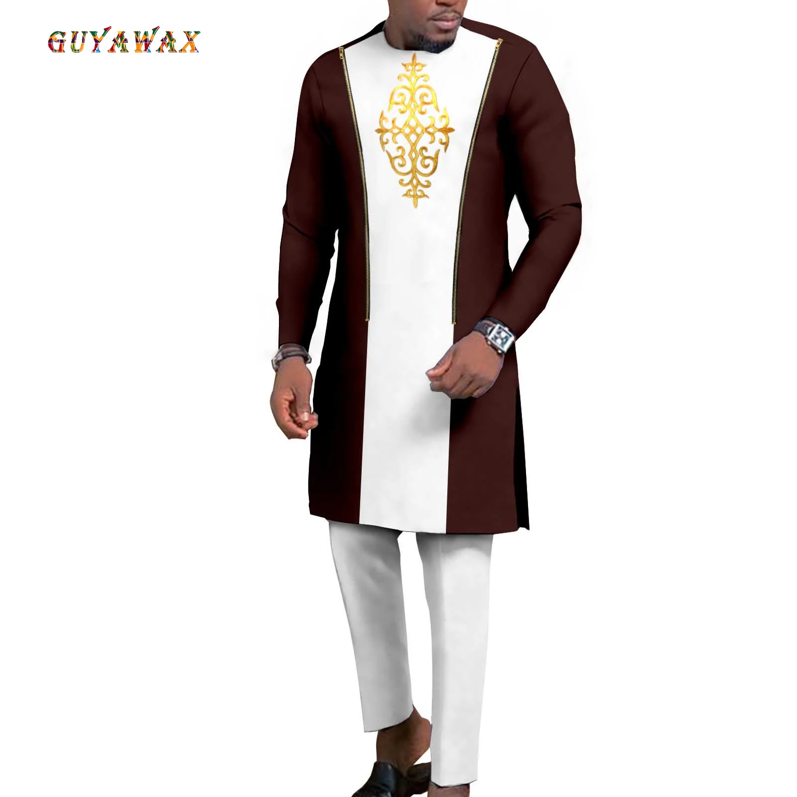 2PCS Set Dashiki Bzain Rich Outfits Long Outwear for Wedding Evening African Suit for Men Embroidery Formal Jacket and Trousers