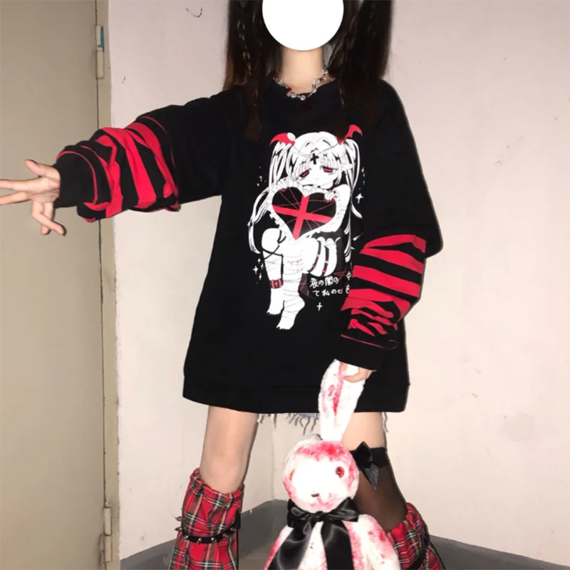 Women's T-shirt kawaii Cartoon Anime Print Hot Girl long-sleeved cotton T-shirt goth hip-hop streetwear striped fake two-piece