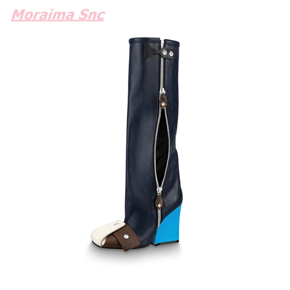2022 Side Zipper Knee-High Boots Mixed Color Patchwork Wedges Heel Round Toe  Genuine Leather Fashion And Comfortable Hot Sale