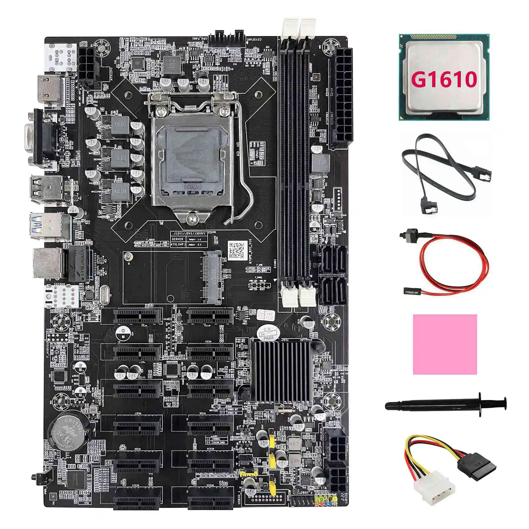 

B75 12 PCIE ETH Mining Motherboard+G1610 CPU+4PIN IDE to SATA Cable+SATA Cable+Switch Cable+Thermal Grease+Thermal Pad
