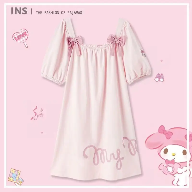 

Sanrio My Melody Women Sleepwear Pajamas Knitted Laminated Cotton Night Dress Sleeved Cute Comfy Nightgown Summer Pajamas