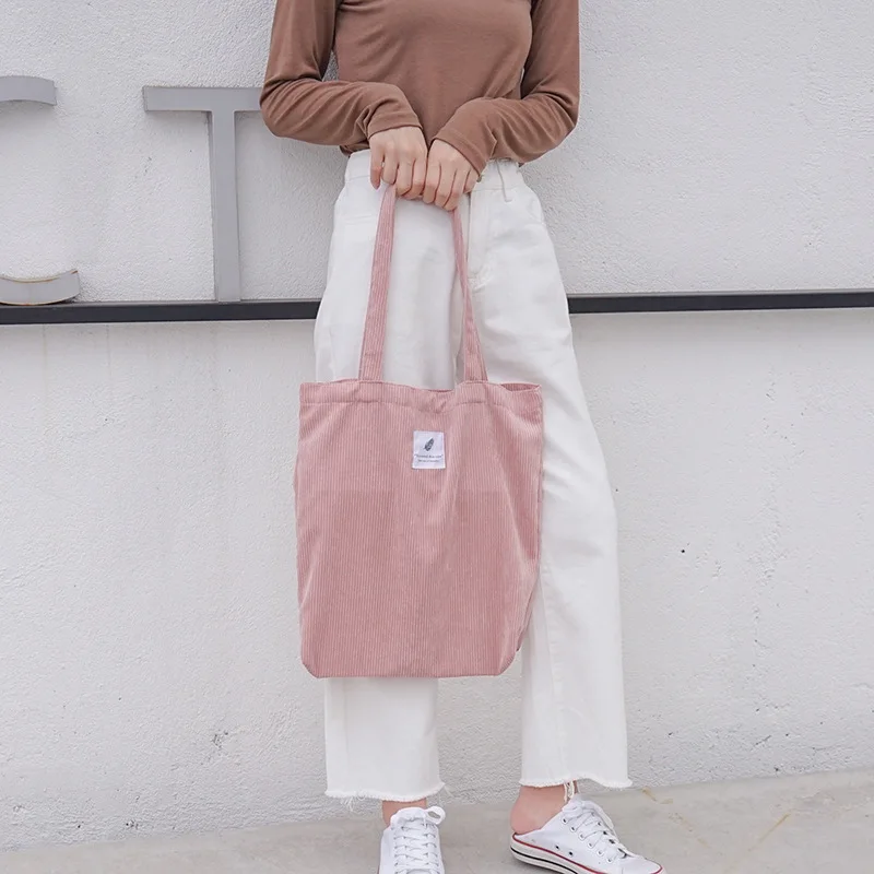 

Women Corduroy Canvas Tote Handbag Female Cloth Shoulder Bags Young Ladies Casual Shopping Bag Girls Reusable Folding Bags