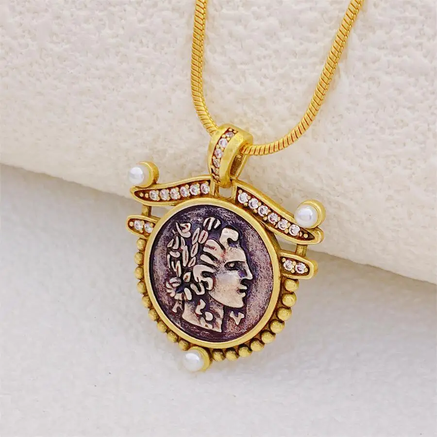 

NEW Ancient Greek Women Men Vintage Portrait Pearl Pendant Coin Charm Choker Bohemia Necklace Bijoux Femme Collar Jewelry