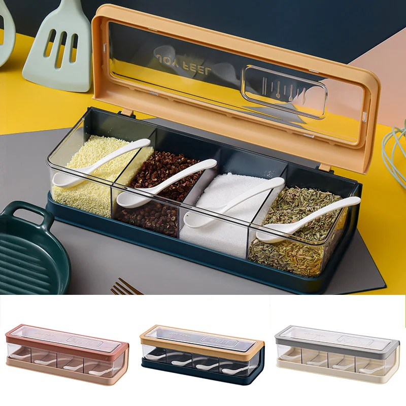 

4 Grid Seasoning Rack Spice Pots Salt Sugar Seasoning Storage Box Case Kitchen Seasoning Rack With Cover Spoon