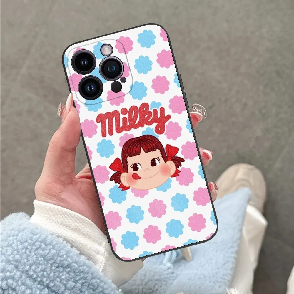 Fujiya Milky Peko-Chan Phone Case For iPhone 16 15 14 13 12 11 Plus Pro Max XS X XR SE Mini 8 7 Soft Silicone Black Cover
