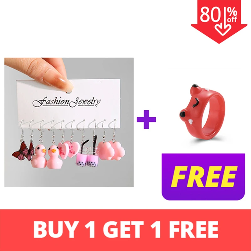 10Pcs/Set Duck Dangle Earring Set Cute Cartoon Butterfly Heart Mushroom Animal Drop Earrings For Woman Girl Kids Jewelry Gifts