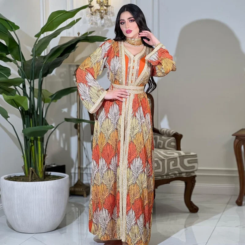 Muslim Fashion Abaya 2023 Summer Spring Muslim Women Long Sleeve V-neck Polyester Orange Long Abaya Muslim Dresses Muslim Sets