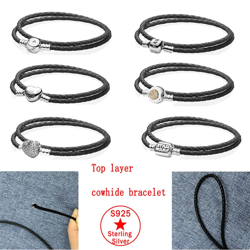 

925 sterling silver Genuine Long Double Black Braided Leather Chain Women Bracelets fit Pandora withTop layer cowhide bracelet