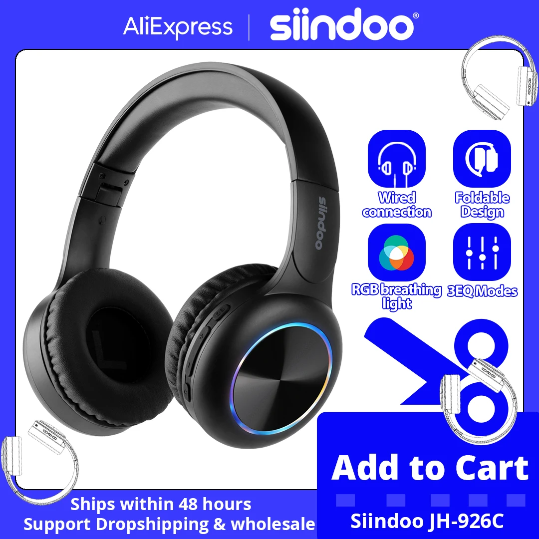 

Siindoo JH-926C RGB Light Wireless Bluetooth Headphones Foldable Stereo Kids Earphones Super Bass 3EQ Noise Cancelling Mic