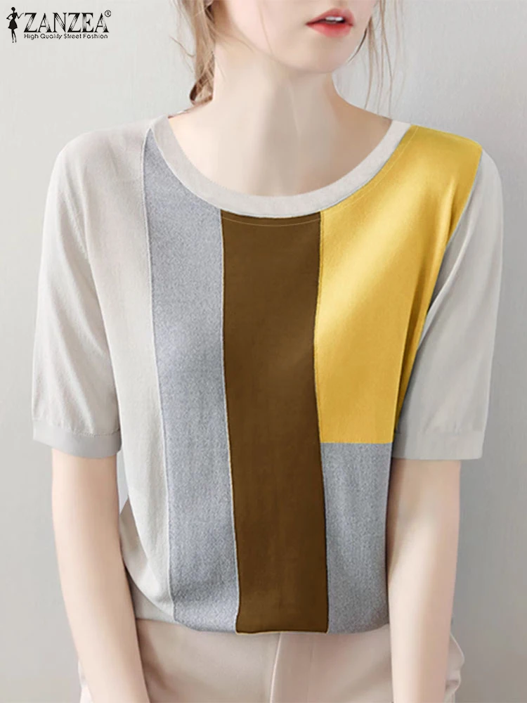 ZANZEA повседневные уличные модные футболки в стиле пэчворк с коротким рукавом
