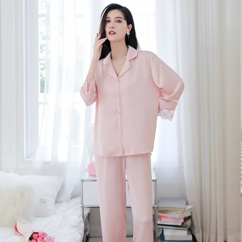 2023 Autumn Pajamas Women's Ice Silk Silk Nine-Quarter Sleeve Two-Piece Set Thin Homewear Suit