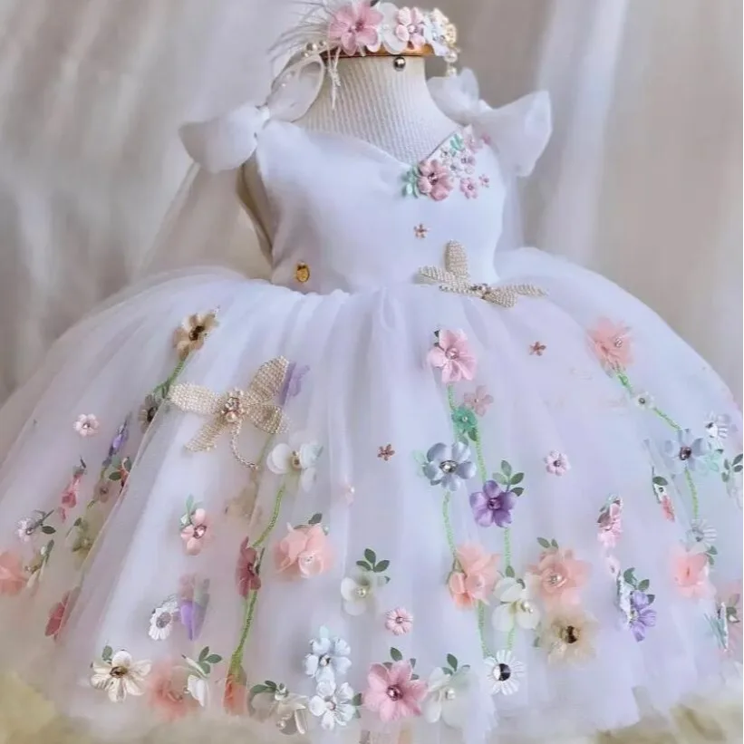 Легкое элегантное сетчатое детское платье принцессы с бабочкой и бантом бальное