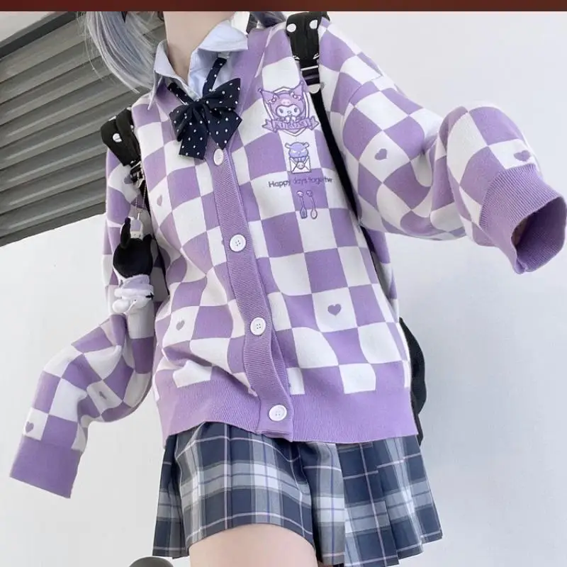 

Y2K Sanrio Cartoon Anime Kawaii Knitting Cardigan Embroidery Hoodie Japanese Jk Checkerboard Autumn New Coat Soft Girl Uniform