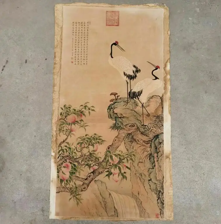 

Chinese Old Scroll Shen Quan's picture of flat peach Painting Rice