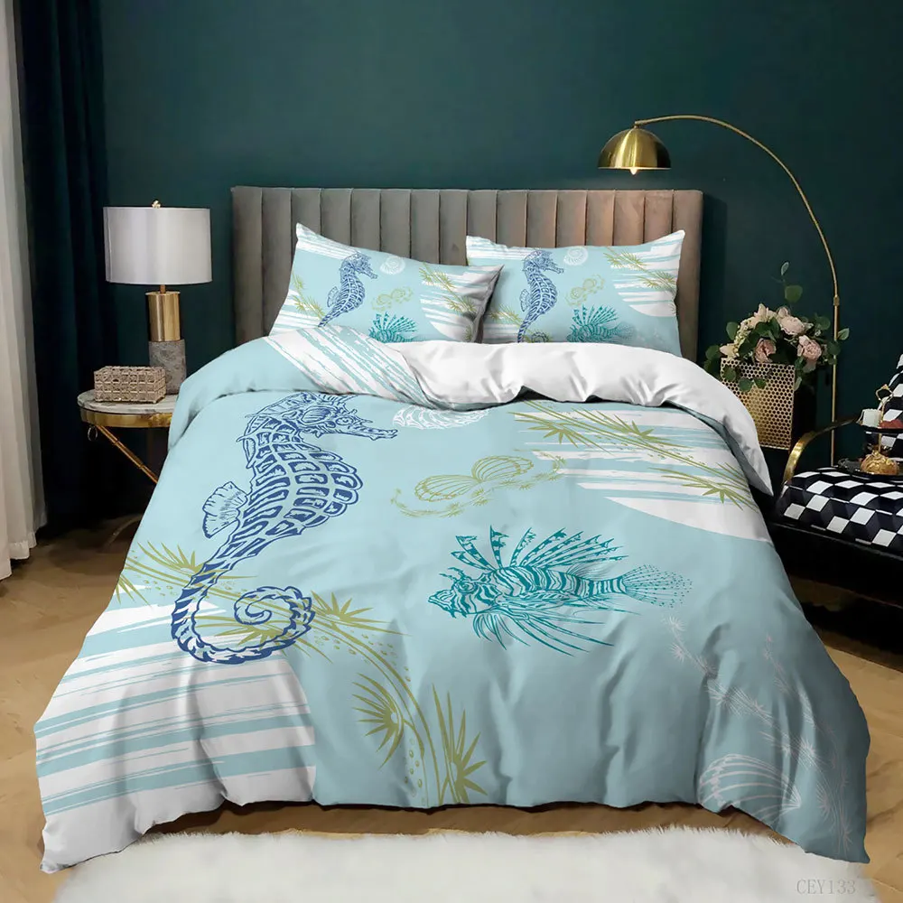

Ocean Bedding Set Nautical Coastal Aquatic Creatures Bedding Set Hippocampus Comforter Cover for Kid Boys Girls Bedroom Decor