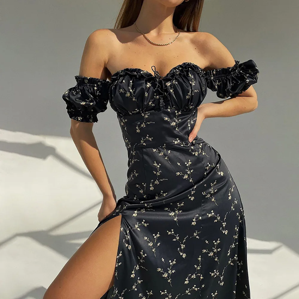

Женское длинное платье с цветочным принтом, Платье макси с открытыми плечами и рукавами-фонариками, пикантное платье с разрезом и шнуровкой, шикарное летнее платье до середины икры