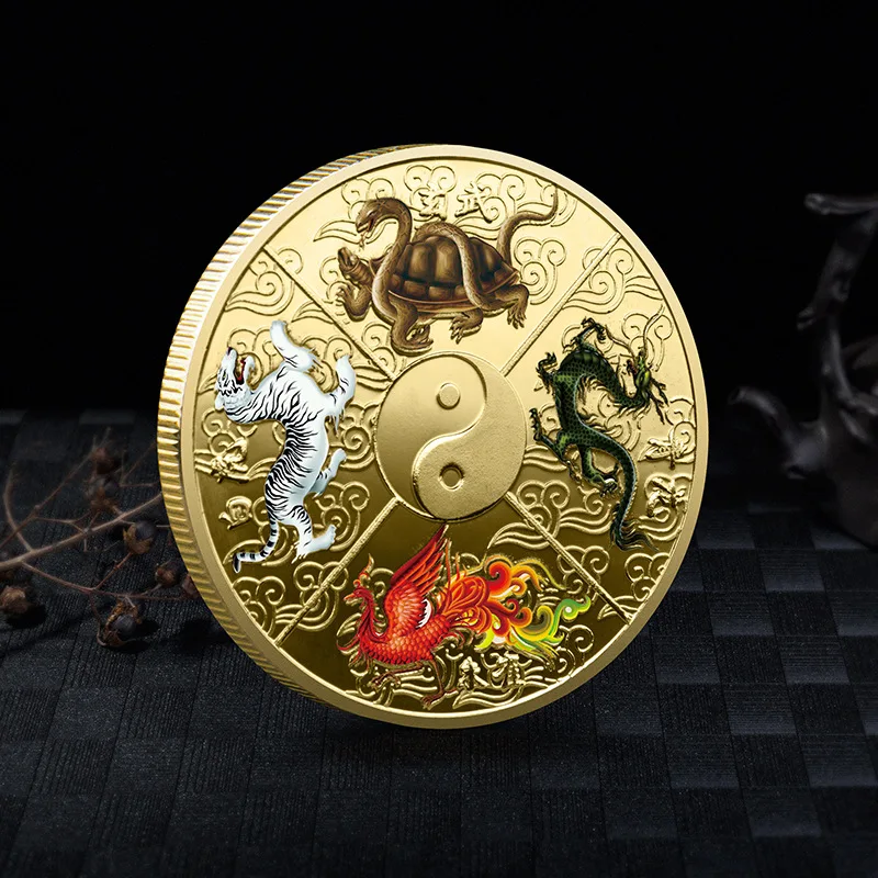 Collectible Coins Tai Chi Four Mythical Beasts Commemorative Coins Animal Coins Ancient Mythical Beasts Foreign Painted China