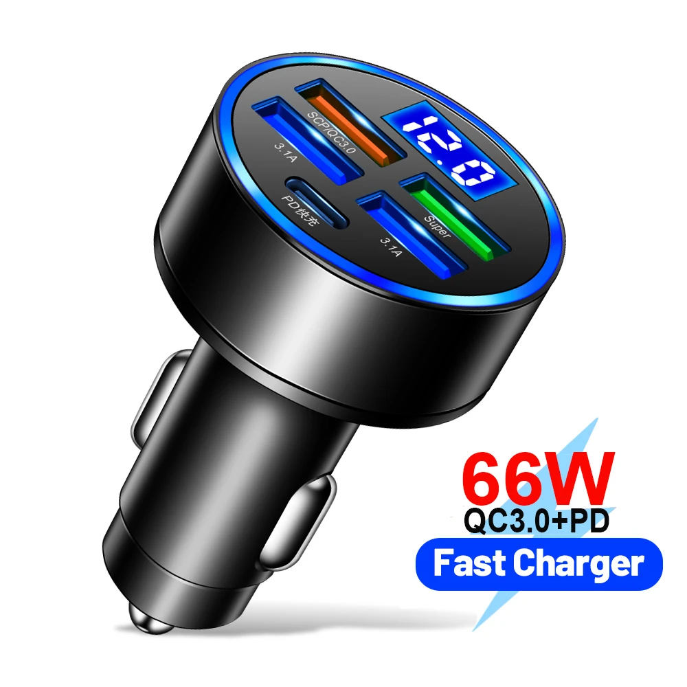 66W 5-Port Fast Phone Charger 3.1A Usb Car Charging Adapter for IPhone 13 Pro Xiaomi Huawei Samsung