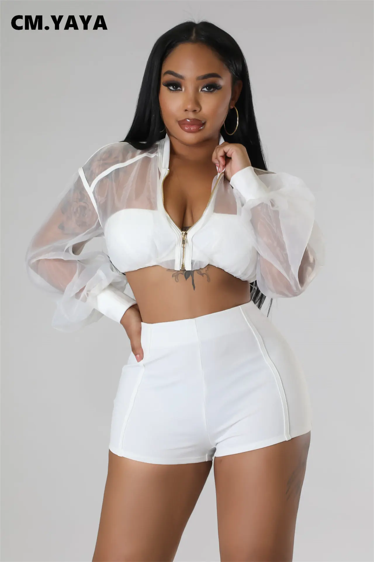 Модный женский комплект CM.YAYA на молнии укороченный топ и шорты с