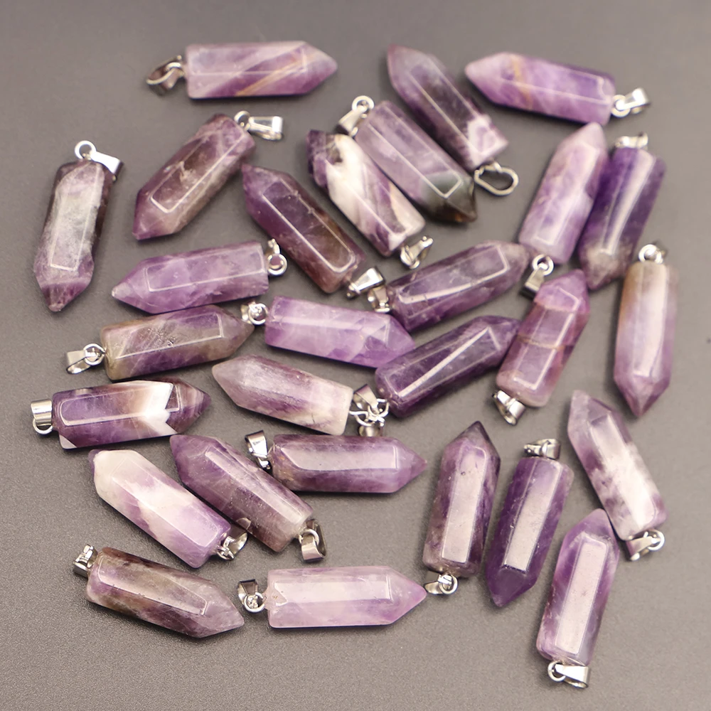 

Natural Stone Amethyst Hexagonal Pillar Column Pendulum Pendant Necklace DIY Jewelry Making Earrings Accessories Wholesale 12Pcs