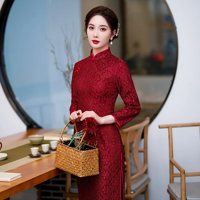 Slim Fashion Cheongsam Improved Long Chinese Traditional Dress Full Slip Lace Qipao Mandarin Collar Vestidos Side Split Qipao