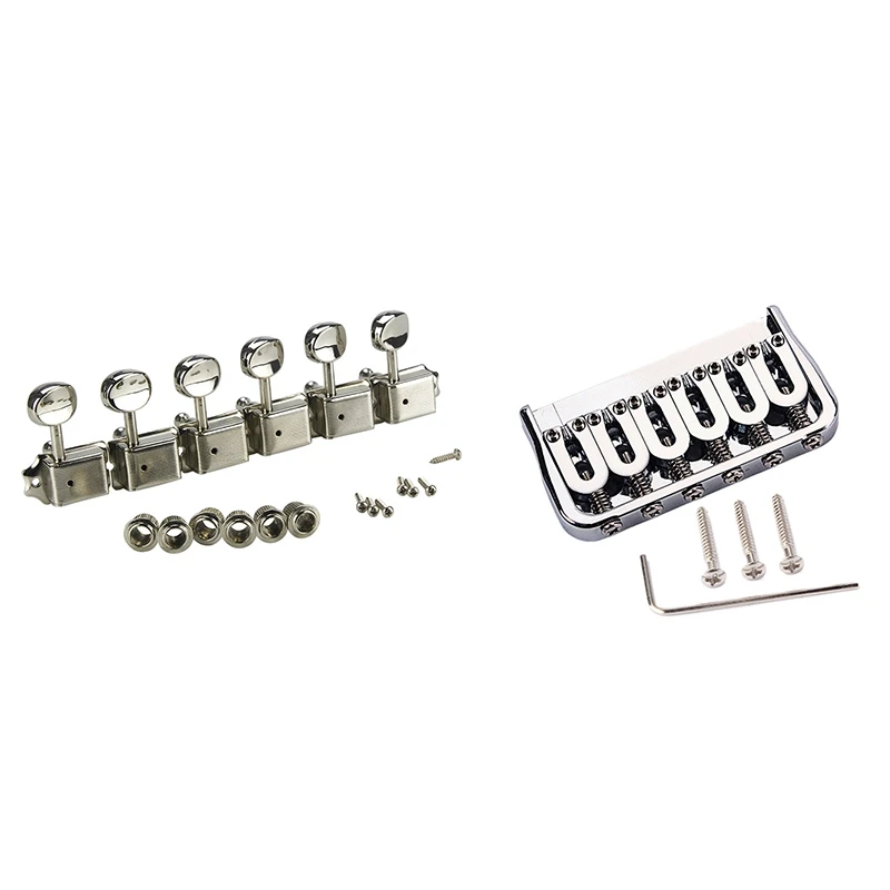 

6-String Electric Guitar Saddle Bridge / Metal Fixed Bridge & Tuners Chrome Locking String Tuning Key Pegs Tuners Set