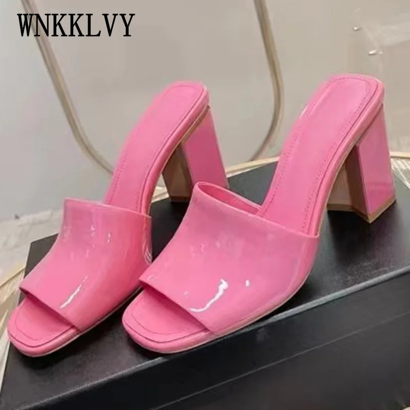 

High Quality Simple Slippers Women 2022 Summer New Square Heel Patent Leather Slippers Brand Design Party Banquet Dress Shoes