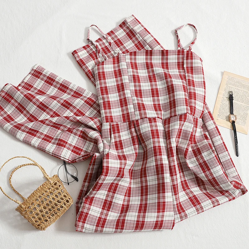 

Модные разноцветные клетчатые комбинезоны, летние новые узкие прямые брюки на бретелях-спагетти, повседневные брюки с широкими штанинами