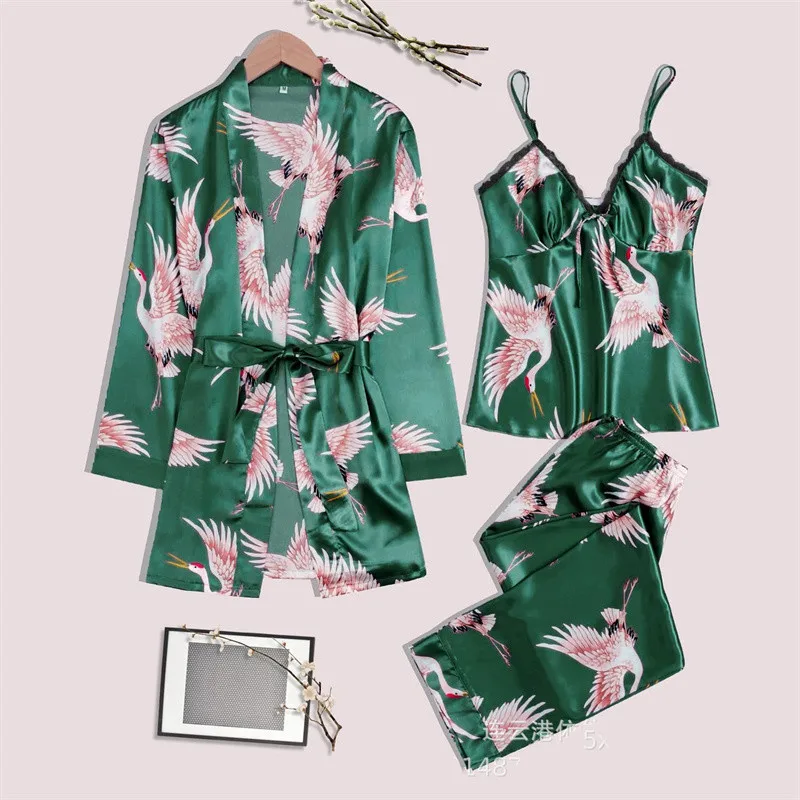 Women's Pajamas Suit Full Sleeve Belt Robe Vest Pants 3Piece/Set Sexy Cartoon Print Pyjama Cute Homewear Cozy Fashion Sleepwear