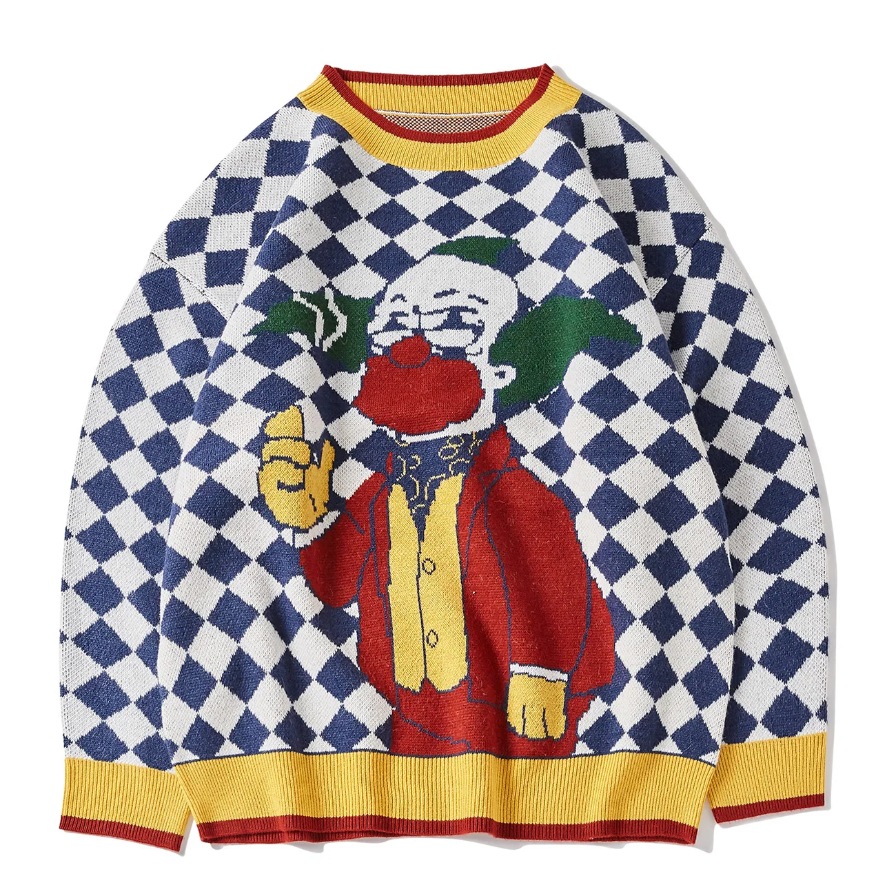 

KKAYCATE Harajuku Streetwear Sweaters Pullovers Men Women Patchwork Plaid Clown Print Knitted Jumpers Fashion Casual Loose Tops