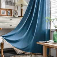 solid blue colour cotton linen window curtains for living room short vintage farmhouse deco tassel drapes kitchen valance