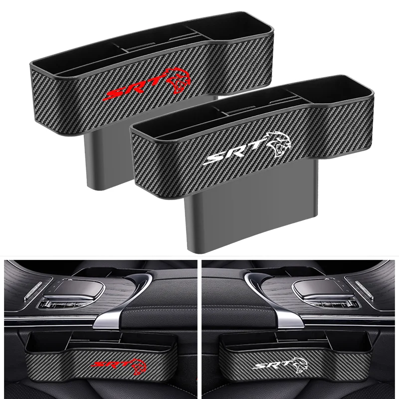 

Car carbon fiber Leather Seat Gap Storage Box Organizer With SRT Logo For Dodge Challenger Hellcat SRT 2008 2010-2021 Customized
