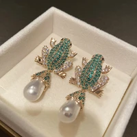 gold silver frog pearl green cubic zircon earrings pendant vintage jewelry fashion luxurious cartoon give gift friend trendy