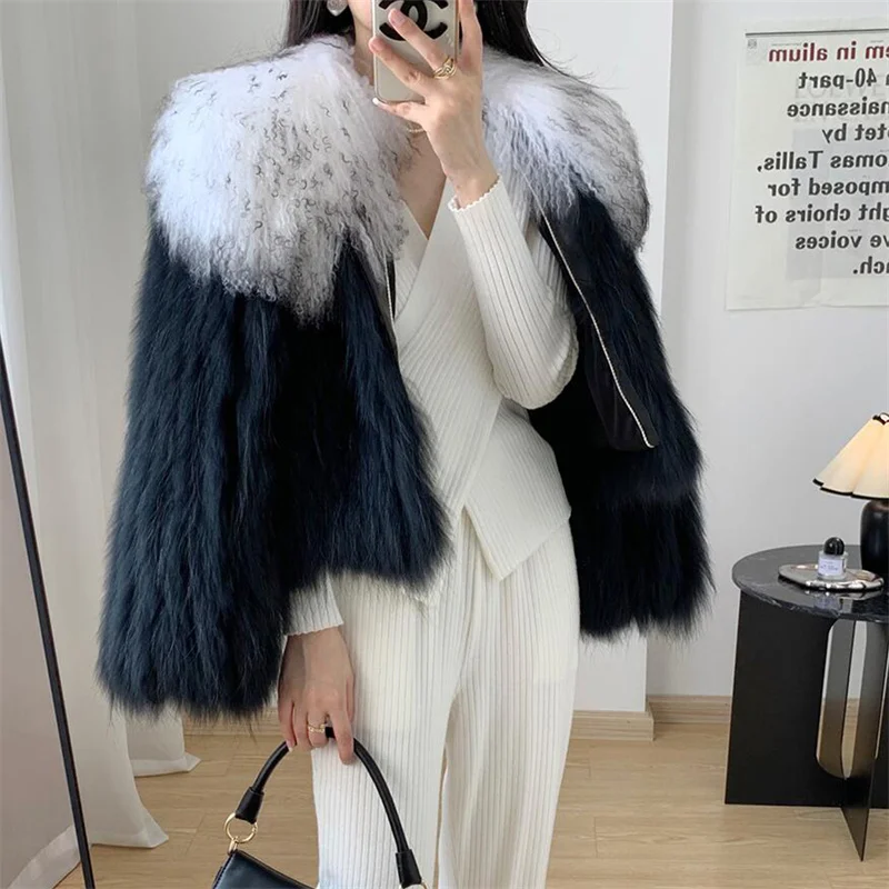 

2023 Women's New Fur Coat Winter Warm Natural Raccoon Car Clause Fur Coat Fashion Short Beach Wool Large Polo Neck