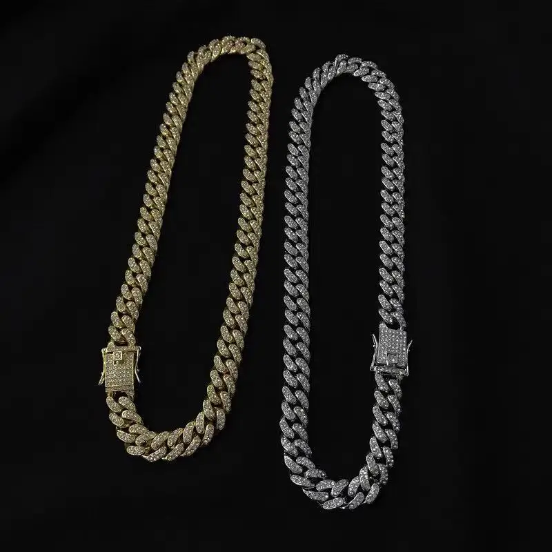 

20㎜ Diamond-shaped Three-row Diamond Cuban Chain Men and Women Thick Alloy Cuban Bracelet Hip-hop Diamond-studded Cuban Necklace