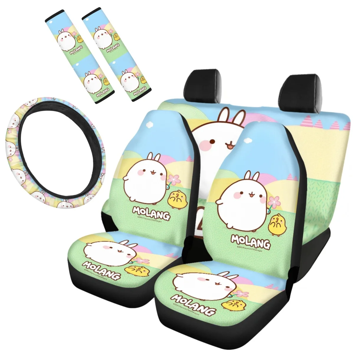 

Auto Front Back Seat Cover Set Lovely Korean Cartoon Molang Print Car Accessories Woman Brand Seat Belt Steering Wheel Covers