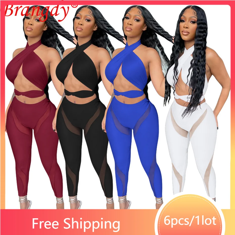 

6sets Bulk Items Wholesale Lots Sexy Cross Bind Mesh See Through Outfits Two Piece Set Fashion Halter Sleeveless Tracksuit B9280