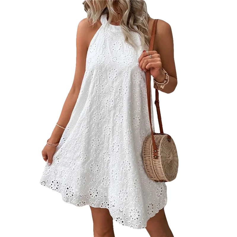 

Summer Dresses Women 2023 Aesthetic Clothes Lace Hollow Out Sleeveless Halter Neck Mini Dress Fashion Party Dresses Beachwear