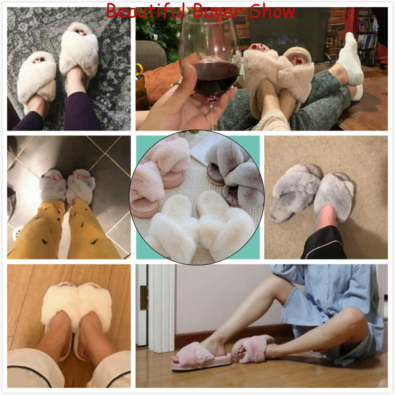 Shevalues 2023 New Home Women Furry Slippers Summer Cross Fluffy Fur Home Slides Thick Sole Indoor Floor Shoes Ladies Flip Flops