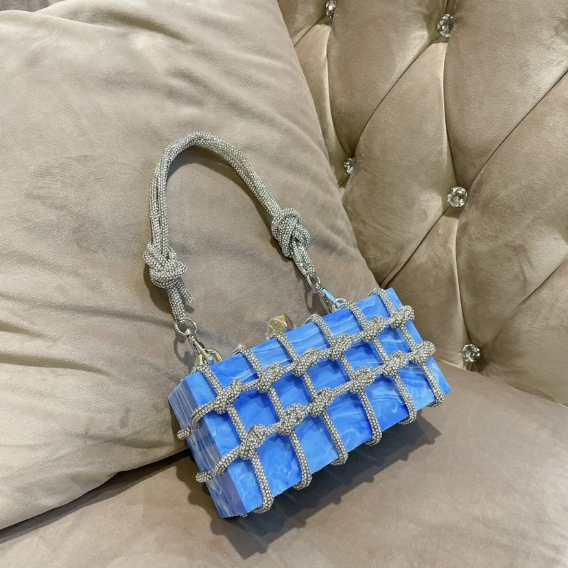 Woven Diamonds Box Bag Acrylic Purses and Handbags Buckle Evening Bags for Women Knot Chains Shoulder Bag Ladies Wedding Clutch